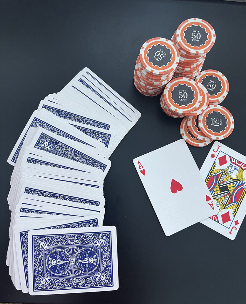 deck of cards and poker chips.